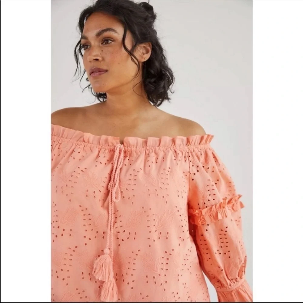 Anthropologie Peach Eyelet Lace Off Shoulder Blouse Size 4 Boho Top NWT